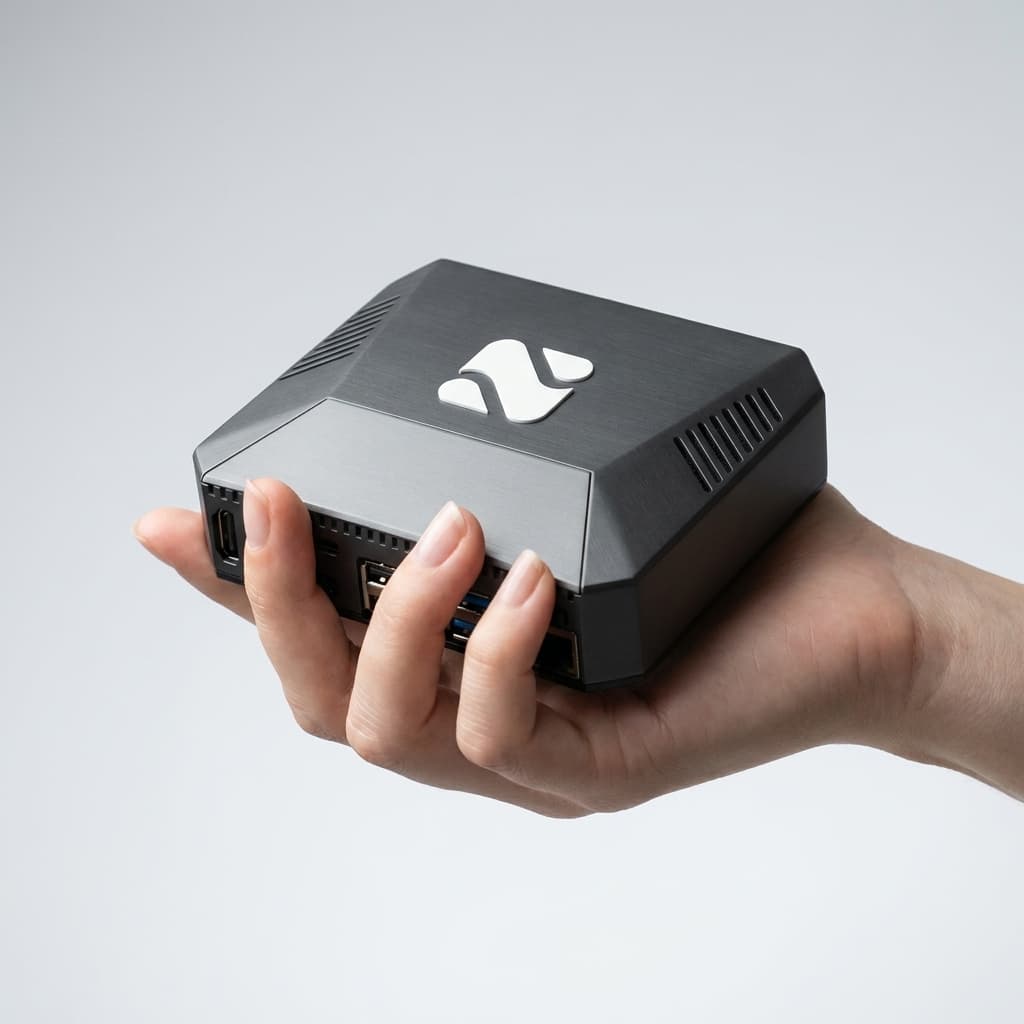 The Nightcap Edge device held in one hand, showing how small it is — about the size of a palm