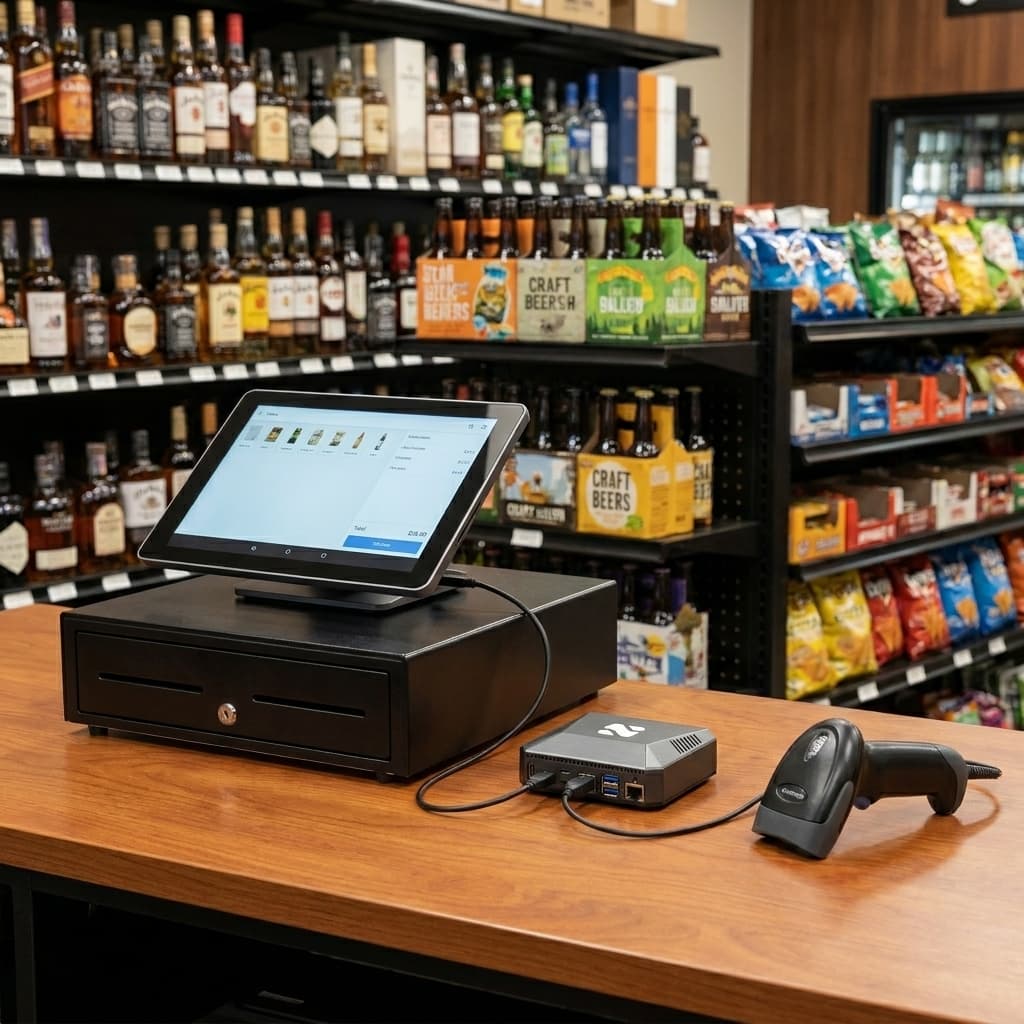A Nightcap Edge box on a liquor store checkout counter, connected between the barcode scanner and the POS terminal