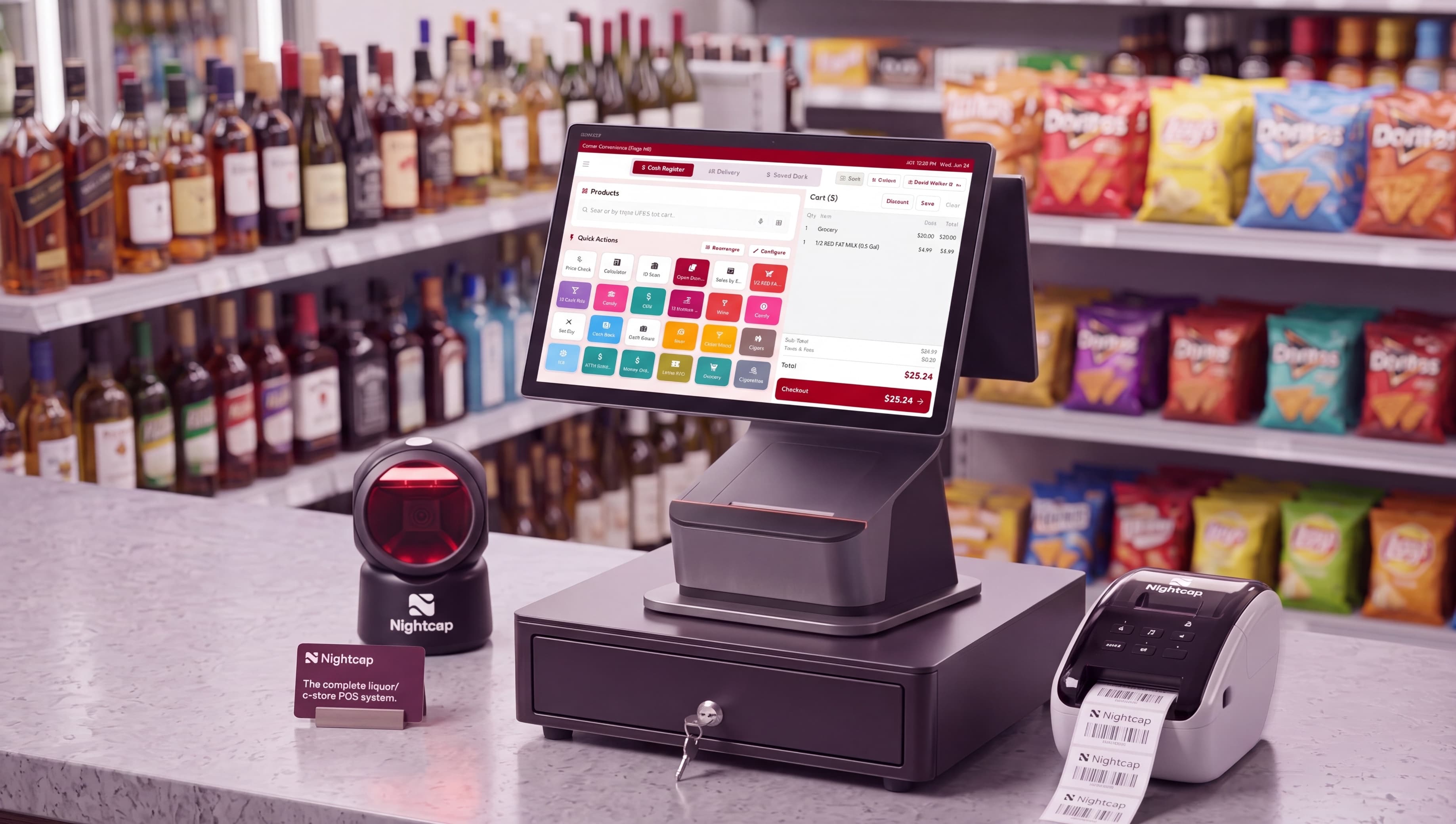 The Nightcap POS bundle: a dual-screen terminal on a steel cash drawer, with a counter scanner and label printer, set up on a store counter