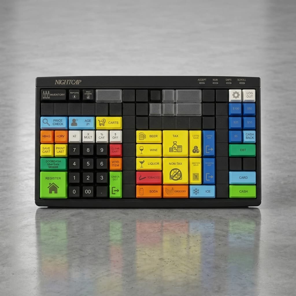 The custom Nightcap-branded cashier keyboard with labeled color keys for Beer, Wine, Liquor, Tobacco, Lotto, EBT, Cash, Card, age-21 check, bag and CRV fees, and cash denominations