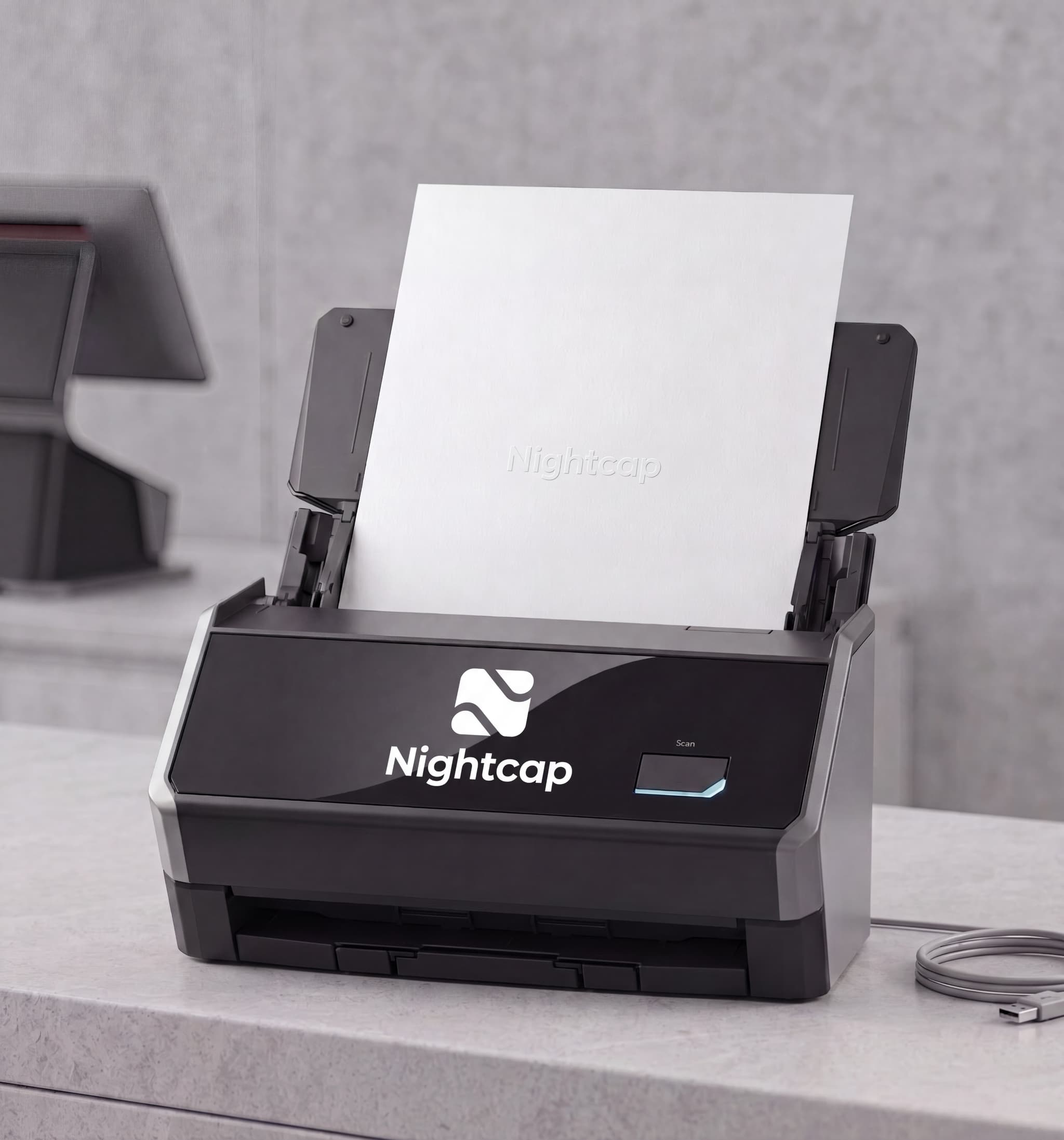 A document scanner feeding a paper vendor invoice