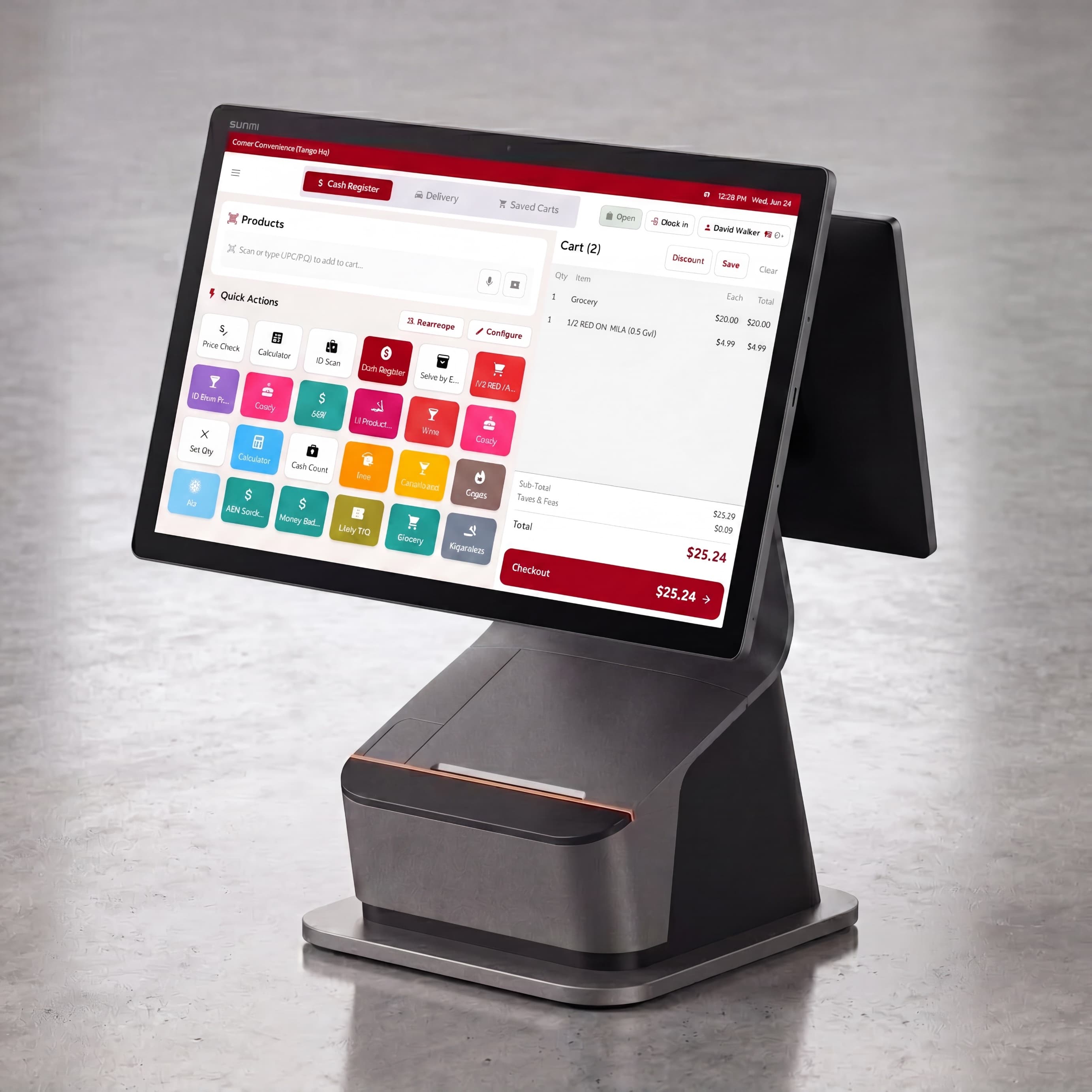 The Nightcap dual-screen POS terminal running the register, with a second screen facing the customer