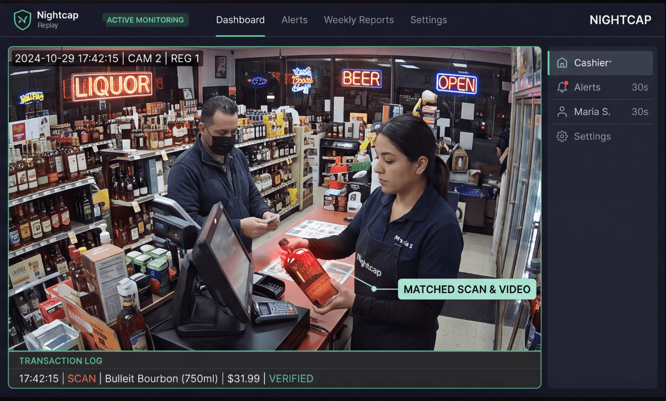 The Nightcap Replay dashboard: a live register camera view matched to a scanned line item, with a transaction log showing a verified bourbon scan paired to its video clip