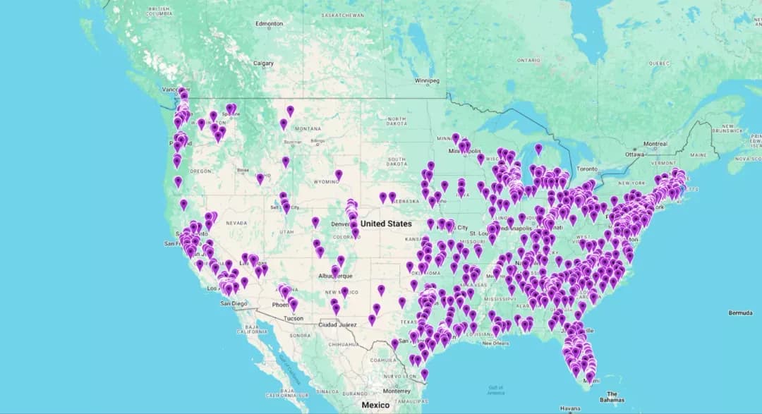 Map of Taiv's screen network across the United States