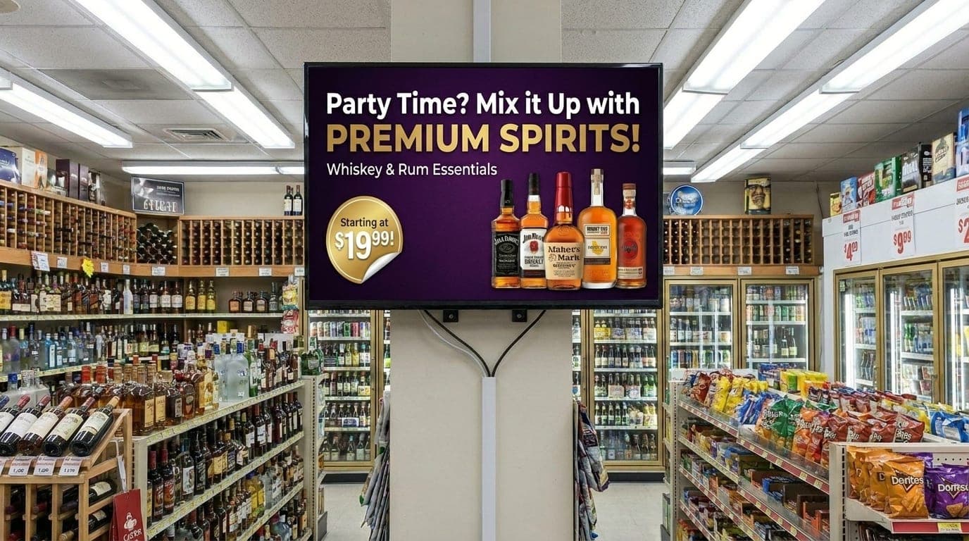 One of the free Nightcap and Taiv screens running a spirits promo on the wall of a real liquor store, between the liquor shelves and the beer coolers